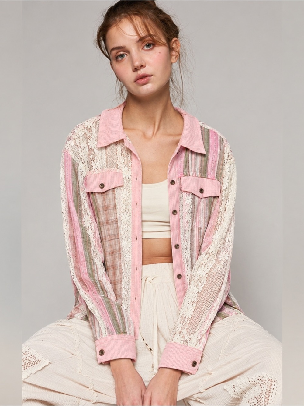 POL Patchwork Plaid LaceRelaxed Hooded Shirt Jacket Size Small